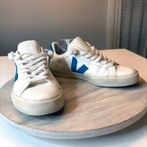 Veja Campo Leather Sneakers White Blue V Logo Women’s US 10 EU 41 Casual